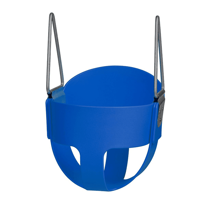 Commercial bucket swing seat designed for infants and toddlers with leg openings and supportive molded construction.